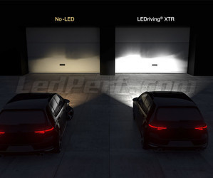 Strålkastare Jämförelse före och efter montering av Osram H4 LED XTR framför garageporten.