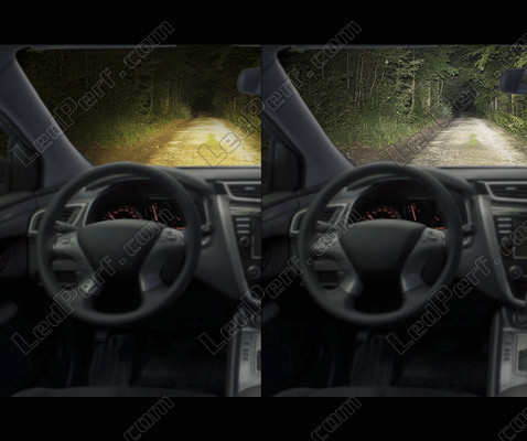 Jämförelse före och efter monteringen Osram H4 LED XTR sett från insidan av fordonet