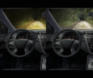 Jämförelse före och efter monteringen Osram H7 LED XTR sett från insidan av fordonet