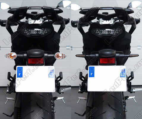 Jämförelse före och efter övergången till sekvensiella LED-blinkers för Aprilia Mana 850 GT