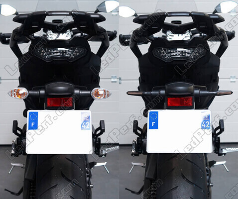 Jämförelse före och efter övergången till sekvensiella LED-blinkers för Indian Motorcycle Challenger dark horse / limited / elite  1770 (2020 - 2023)